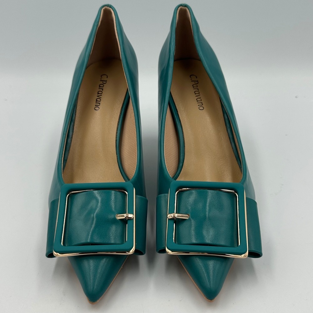 C.Paravano Peacock Blue Buckle Pumps Sz 36 / 5.5 Leather Pointed Toe Kitten Heel